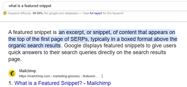 Example of a zero click search with a featured snippet providing direct answers in search results.